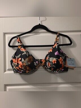 Shade & Shore Black Floral Underwire Bikini Top with Orange & Purple Flowers